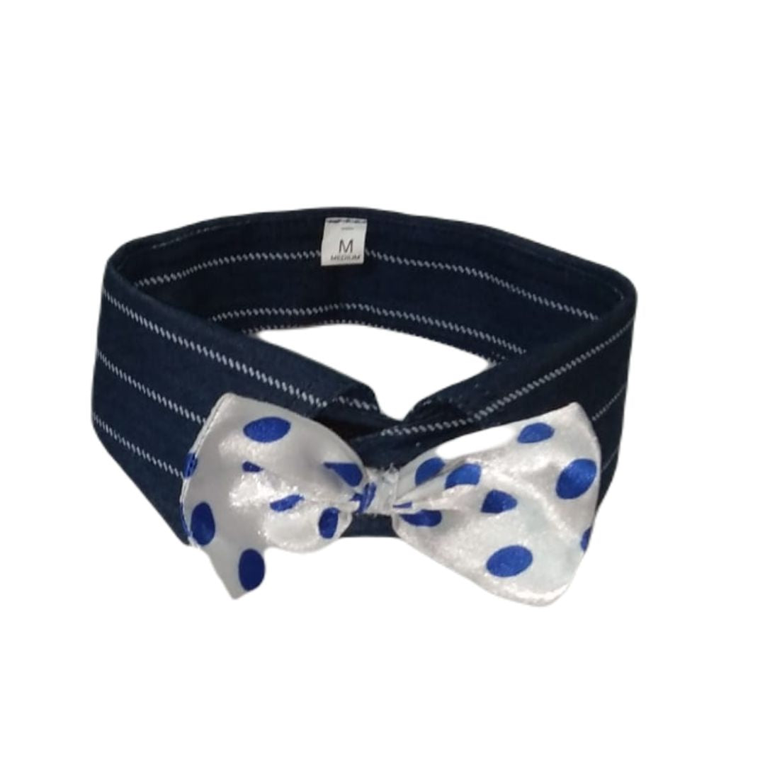 PupNChic EasyWear T-Shirt Collar and Bow Tie White Bow Blue Dots