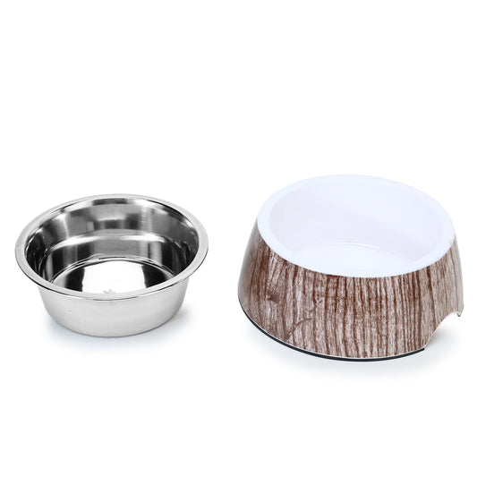 Wooden Print Pet Feeding Bowl, Stainless Steel & Melamine