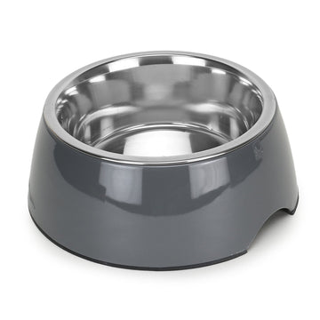 Solid Grey Pet Feeding Bowl Set, Melamine and Stainless Steel