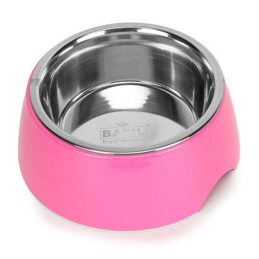 Solid Pink Pet Feeding Bowl Set, Melamine and Stainless Steel