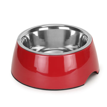 Solid Red Pet Feeding Bowl Set, Melamine and Stainless Steel
