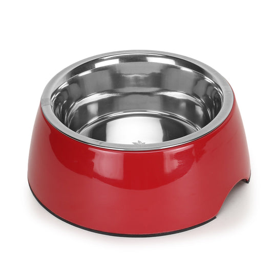 Solid Red Pet Feeding Bowl Set, Melamine and Stainless Steel