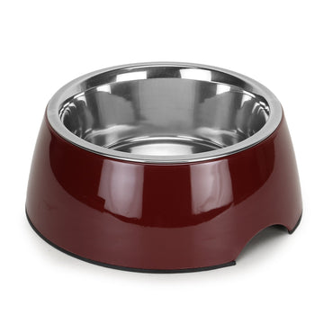 Wine Red Pet Feeding Bowl Set, Melamine and Stainless Steel