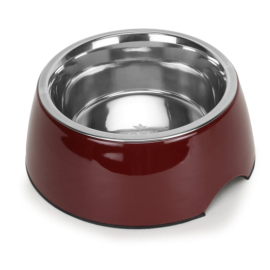 Wine Red Pet Feeding Bowl Set, Melamine and Stainless Steel