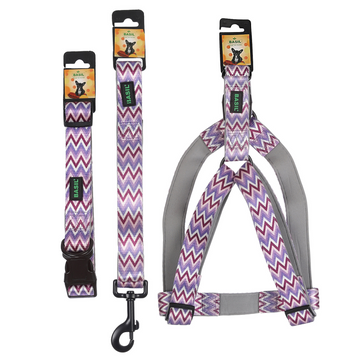 Padded Adjustable Pet Collar, 4 Ft Leash & Harness (Zig Zag, Purple)