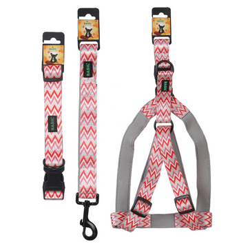 Padded Adjustable Pet Collar, 4 Ft Leash & Harness (Zig Zag, Red)